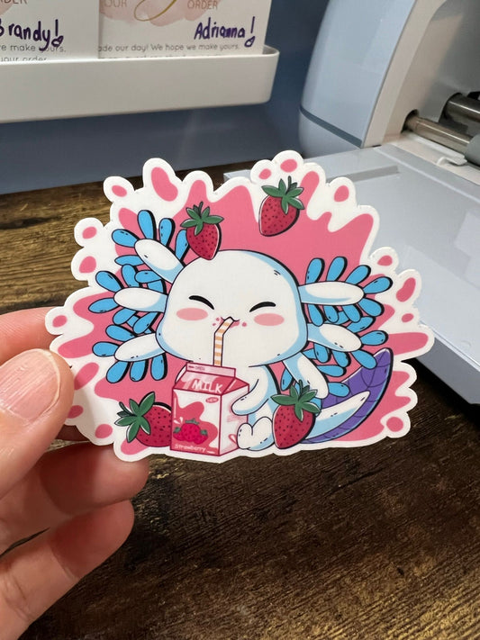 Strawberry Milk Axolotl Sticker - Die Cut