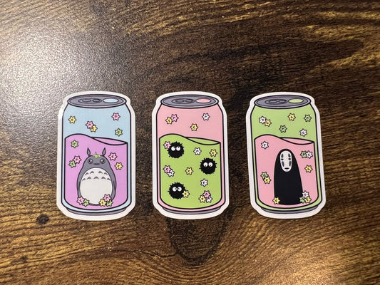 Studio Ghibli Soda Can Sticker Pack - No-Face Totoro Soot Sprites and Star Candy - Great for Water Bottles, Laptops, Journals, Scrapbooking