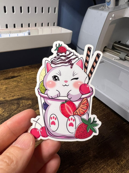 Dessert Kitty Sticker - White Cat In A Fruit Cup - Die Cut - Great for Bottles, Calendars, Notebooks, Folders!  - Weatherproof