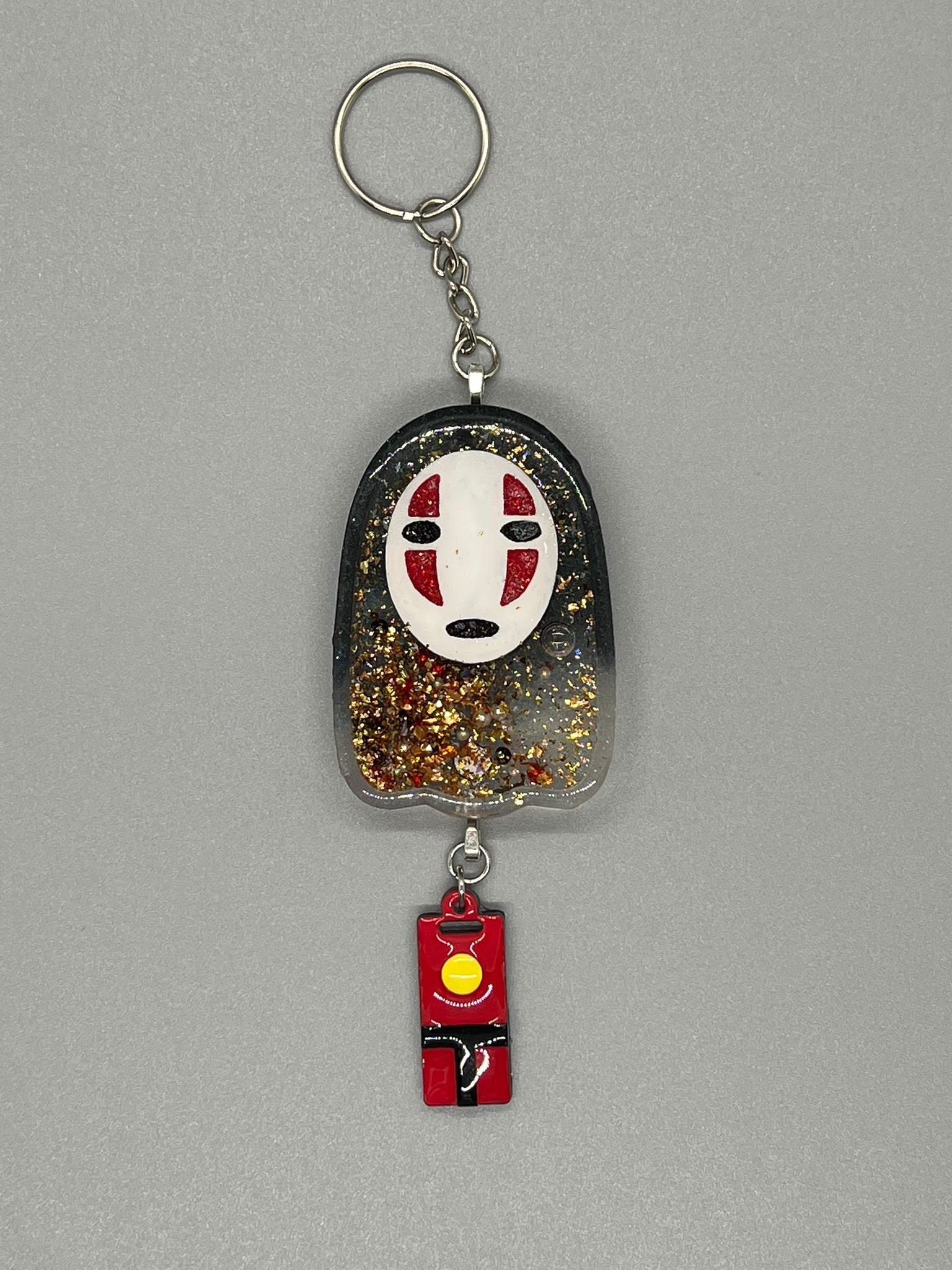 No-Face Shaker Keychain - Gold And Holographic Fillers - Hand-Painted Details - Resin Crafts