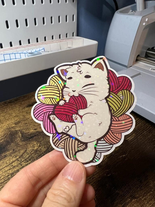 Colorful Yarn Kitty Sticker - White Cat With String - Die Cut - Great for Bottles, Calendars, Notebooks, Folders!  - Weatherproof