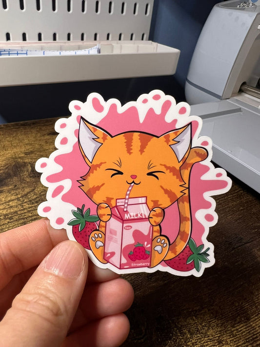 Strawberry Milk Kitty Sticker - Orange Cat With Pink Splat - Die Cut - Great for Bottles, Calendars, Notebooks, Folders!  - Weatherproof