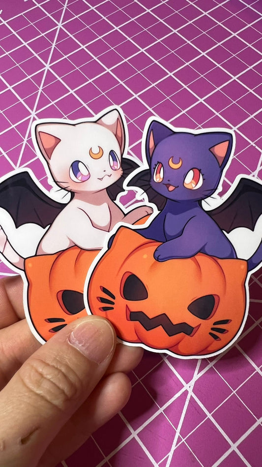 Cats in Pumpkins - Die Cut - Luna and Artemis - Great for Water Bottles, Notebooks, Folders, Laptops, and More