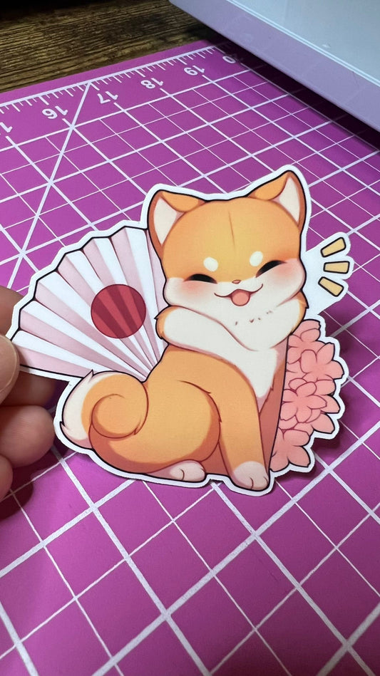 Shiba Sticker - Die Cut - Japanese Fan and Flowers - Great for Water Bottles, Folders, Notebooks, Laptops and More