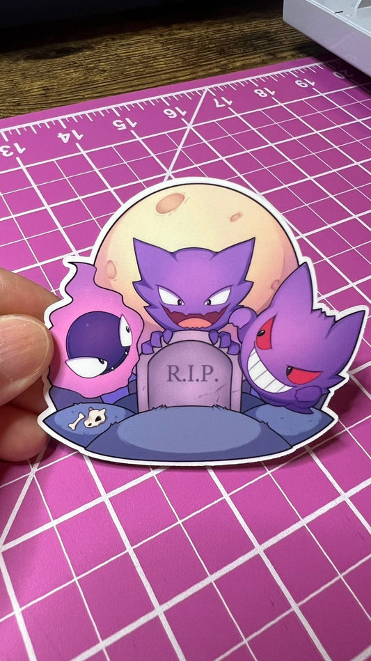 Haunted Grave - Ghost Pokemon - Gastly, Haunter, Gengar - Die Cut - Great for Water Bottles, Folders, Notebooks, Laptops, and More