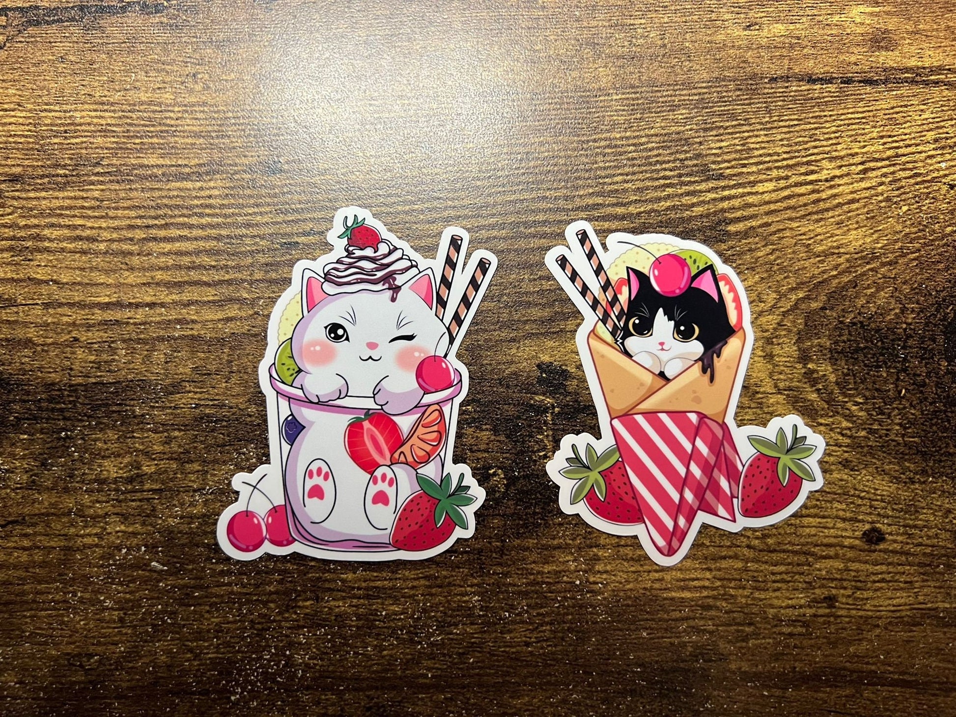 Dessert Kitty Sticker - White Cat In A Fruit Cup - Die Cut - Great for Bottles, Calendars, Notebooks, Folders!  - Weatherproof