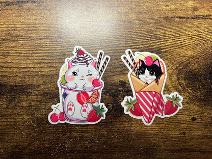 Dessert Kitty Sticker - White Cat In A Fruit Cup - Die Cut - Great for Bottles, Calendars, Notebooks, Folders!  - Weatherproof