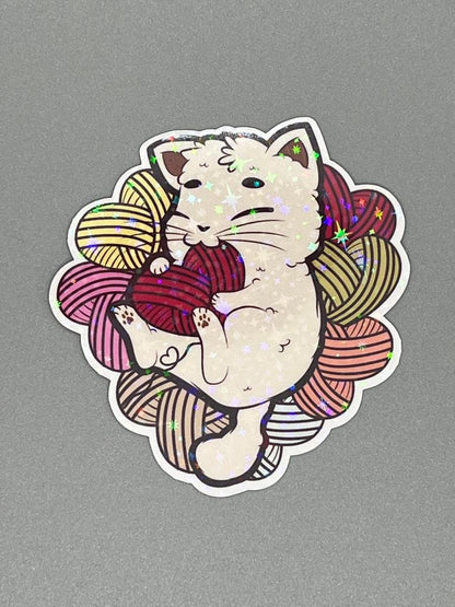 Colorful Yarn Kitty Sticker - White Cat With String - Die Cut - Great for Bottles, Calendars, Notebooks, Folders!  - Weatherproof