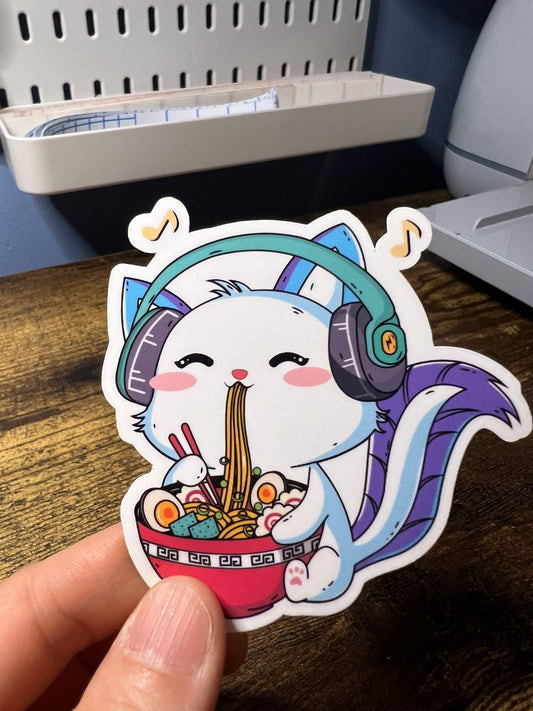 Vibing Ramen Kitty Sticker - White Pixie Cat - Die Cut - Great for Bottles, Calendars, Notebooks, Folders!  - Weatherproof