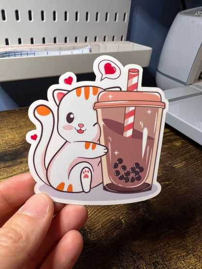 Boba Kitty Sticker - Tabby Cat With Hearts - Die Cut - Great for Bottles, Calendars, Notebooks, Folders!  - Weatherproof