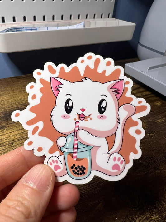 Boba Kitty Sticker - White Cat With Tea Splat - Die Cut - Great for Bottles, Calendars, Notebooks, Folders!  - Weatherproof