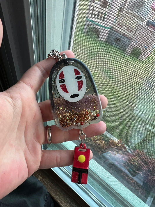 No-Face Shaker Keychain - Gold And Holographic Fillers - Hand-Painted Details - Resin Crafts